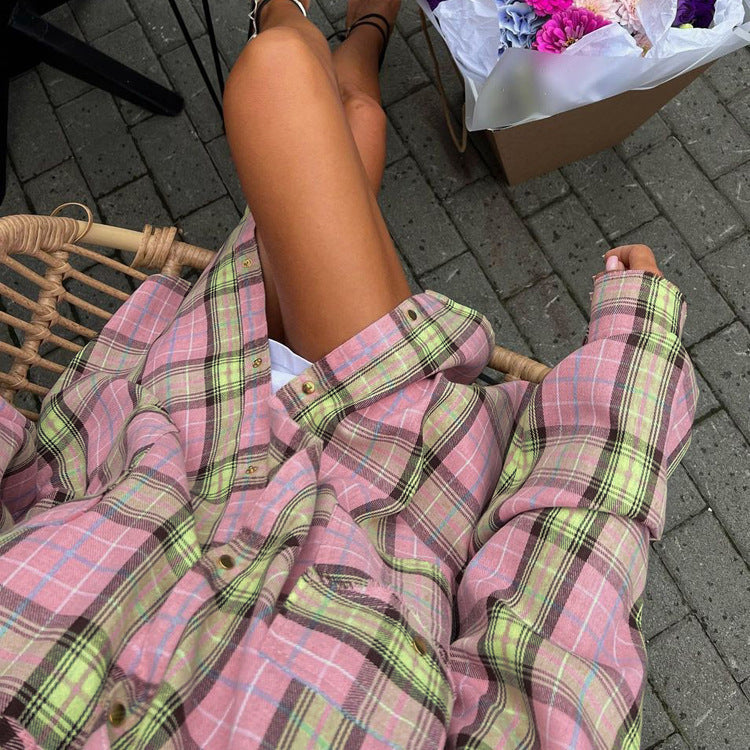 Casual All Matching Plaid Shirt Women Spring Autumn Retro Lapels Long Sleeve Loose Cardigan Top Shirt