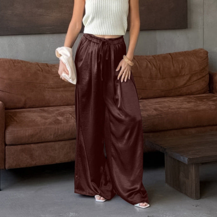 Women Solid Color Satin Imitation Acetate Trousers Women Commuting Elegant High Grade Casual Loose Wide Leg Pants