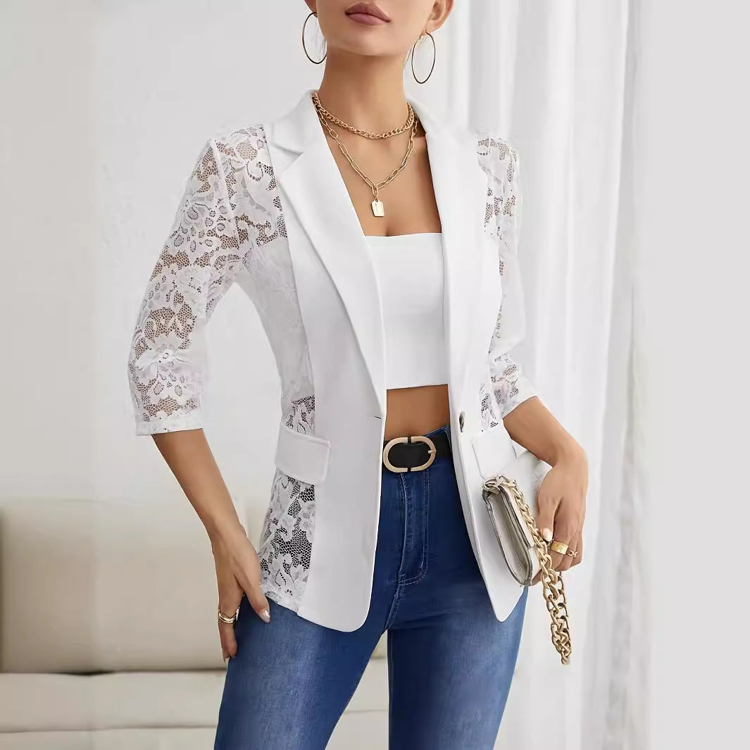 Herbst Winter Elegant Unifarben Spitze Patchwork Kleiner Blazer Damen Top