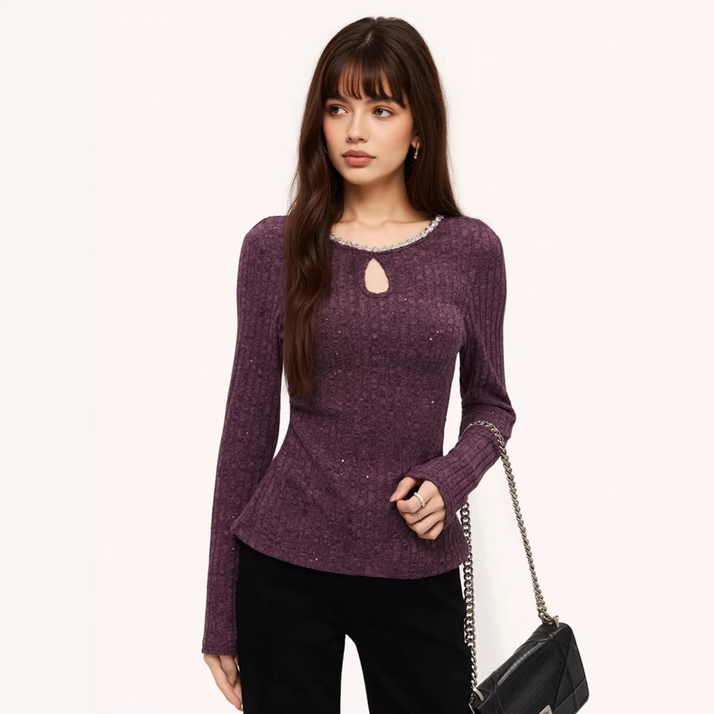 Diamond Accessories Purple Slim Bottoming Women Autumn Winter Niche Long Sleeves Inner Wear