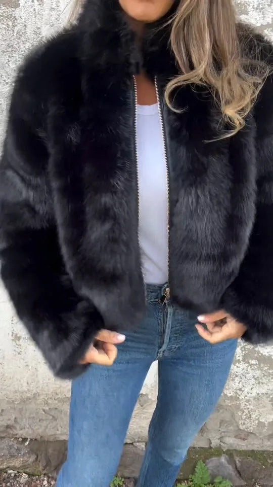 Damenbekleidung Damen Herbst Winter Kunstfell Rollkragen Reißverschluss Freizeit Mantel