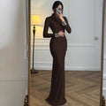 Women Clothing Autumn Solid Color Long Sleeve Slim Fit Fishtail Dress Button Backless Dress Women