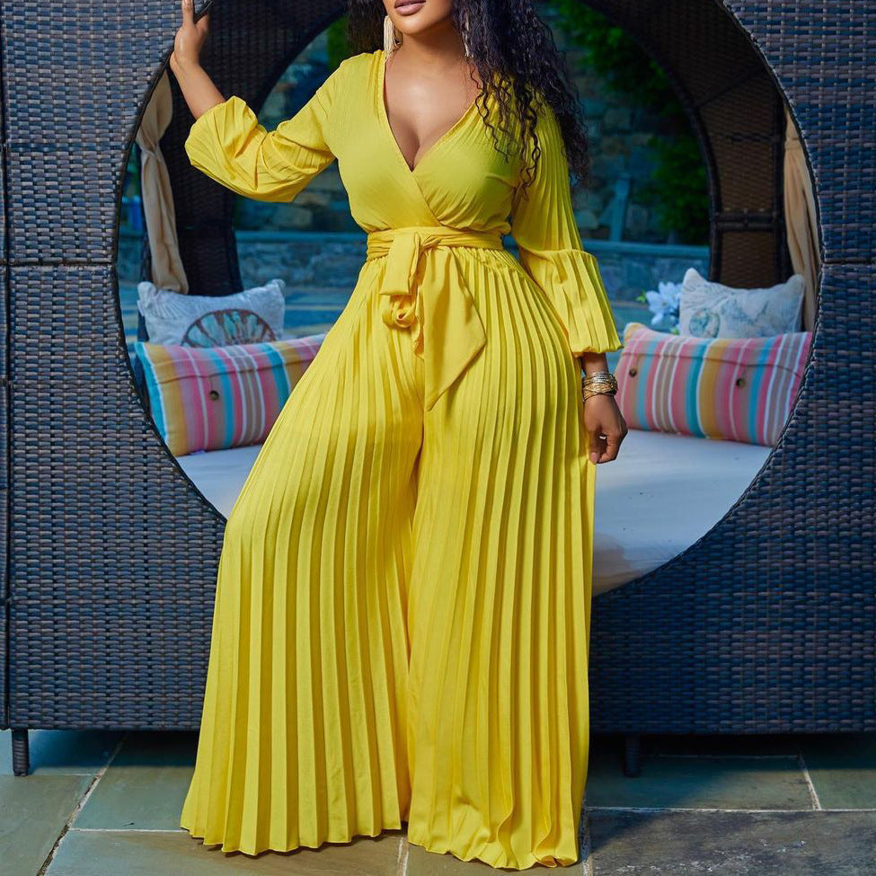 Sommer V-Ausschnitt Sexy Schnürung Plissierter Overall mit weitem Bein