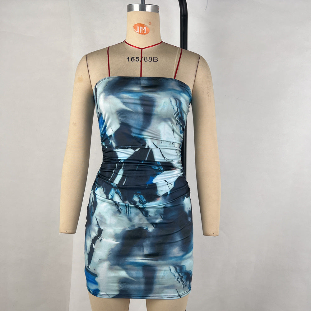 Damen Kleidung Sommer Bedrucktes Carmen-Neckholder-Schlauchkleid mit geraffter Taille und Etui-Schnitt für Clubwear