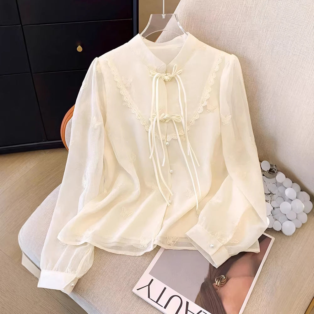Women Spring Summer Chinese Wild Stitching Lace Long Sleeve Shirt