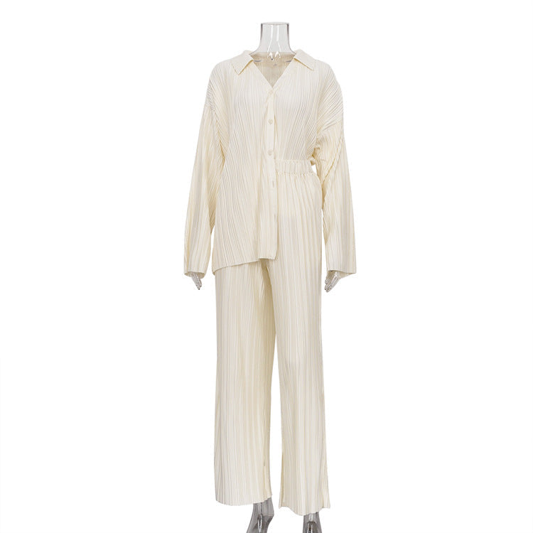 Herbstliches einfarbiges zweiteiliges Set für Damen mit geradem Bein, plissiertem Hemd und Hose im Western-Stil