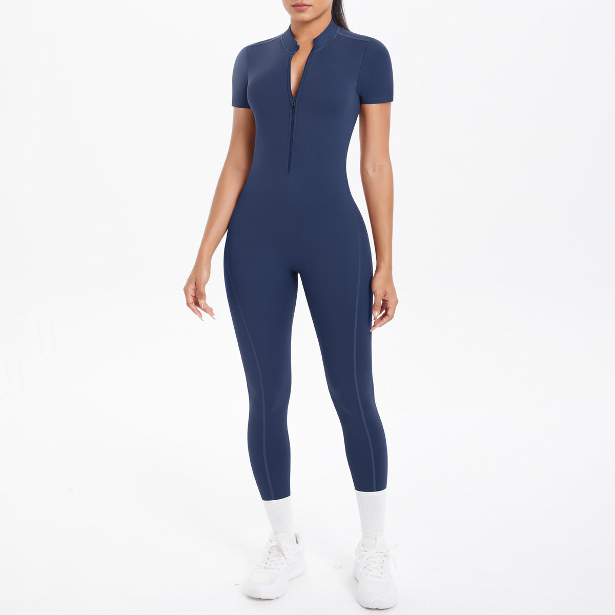 Offener Kragenreißverschluss mit Brustpolster Kurzarm Einteiler Beauty-Rücken Fitness Sport Overall Skinny Yoga Kleidung
