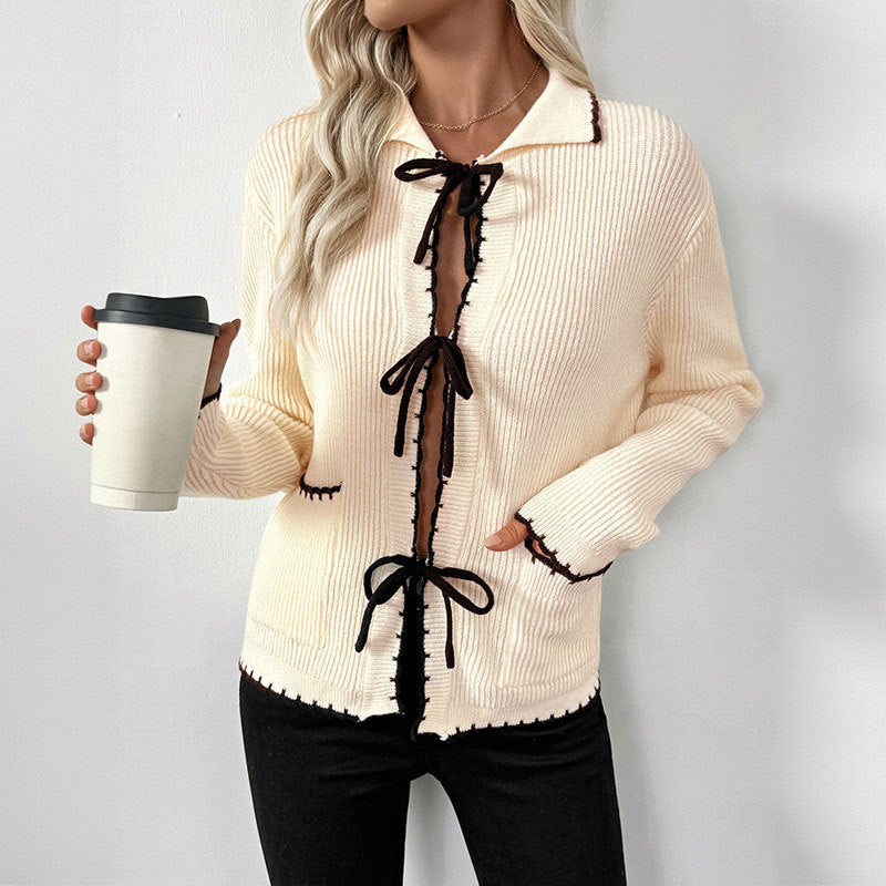 Süßer Chanel Schleife Schnürung Umlegekragen Zierleiste Kontrastfarbener Pullover Damen Cardigan
