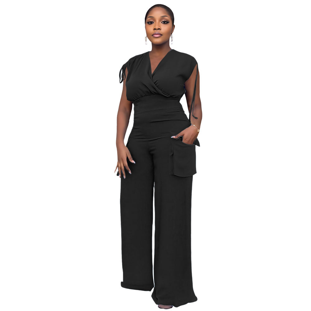 Ärmellose Weste mit Kordelzug, hoher Taille, weite, gerade Hose, Zweiteiler für Damen