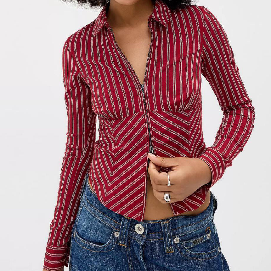 Women Clothing Spring Advanced Striped Long Sleeve Cardigan Shirt