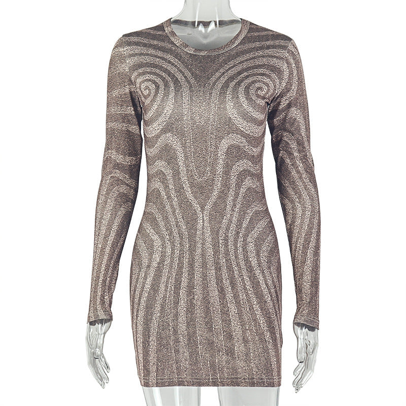 Swirl Grain Women Printed Wear Home Comfortable round Neck Hip Sexy Waist Trimming Stretch Short Dress
