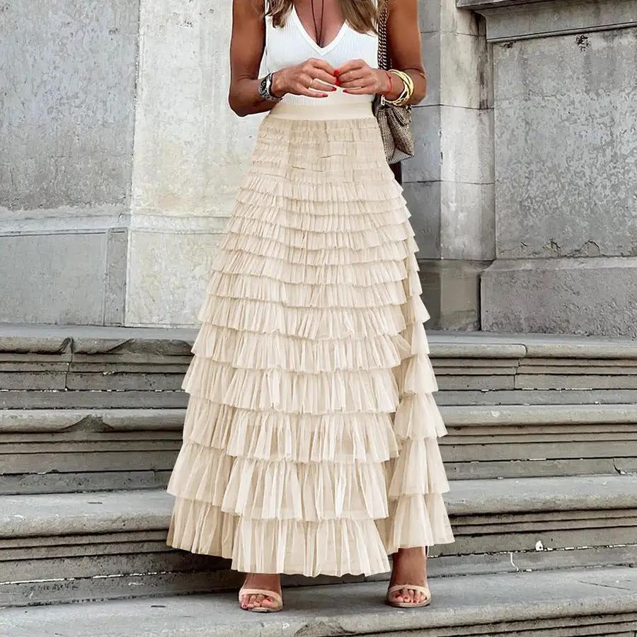 【MOQ-5 packs】 Skirt Women Autumn Elegant Solid Color High Waist Mesh A line Dress Puffy French Dress by Wanita Store
