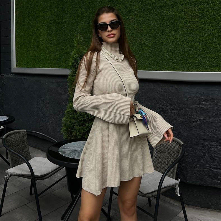 Langarm gestricktes Rollkragenkleid einfarbig A-Linie Herbst Winter Hüftwickel-Kurzkleid