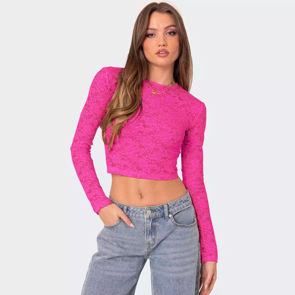 Private Kleidung Sexy Spitze Kurzes Top Sexy Schmal Eng Anliegendes Langarm T-Shirt Damen Sommer