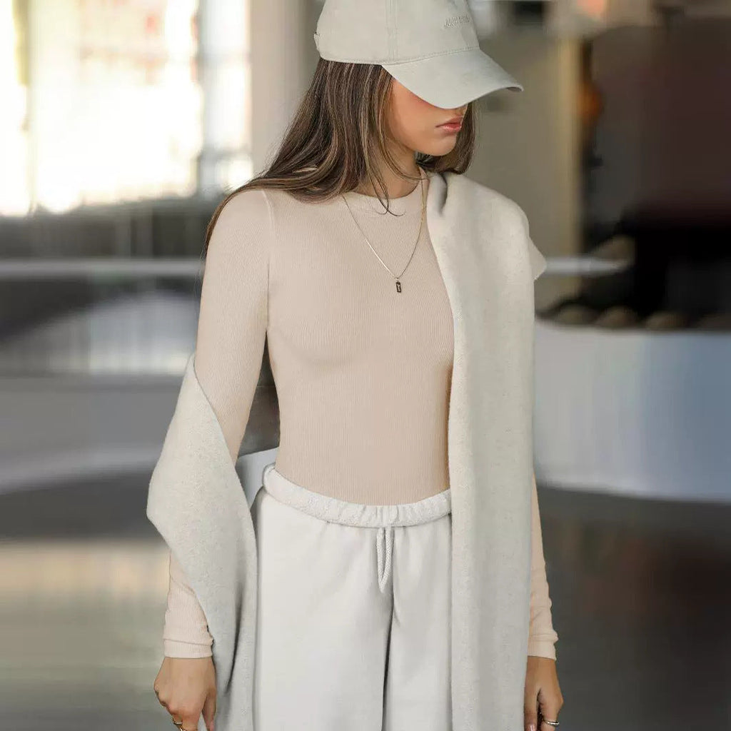 Kleider Faden Doppellagig Rundhals Langarm T-Shirt Damen Outer Wear Slim Fit Schulter Sexy Top Sexy