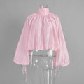 Turtleneck Long Sleeve Shirt Spring Summer Semi Transparent Lantern Sleeve Pleated Bud Turtleneck Shirt