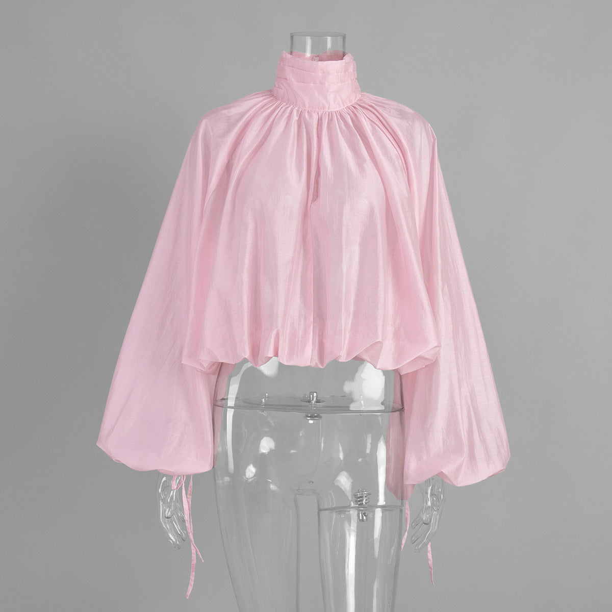 Turtleneck Long Sleeve Shirt Spring Summer Semi Transparent Lantern Sleeve Pleated Bud Turtleneck Shirt