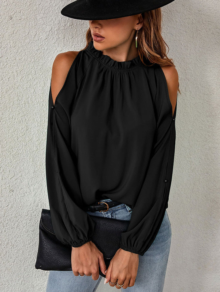 Herbst Winter Damen Einfarbig Lotusblatt Rundhals Langarm Plissierte Off-Shoulder Bluse
