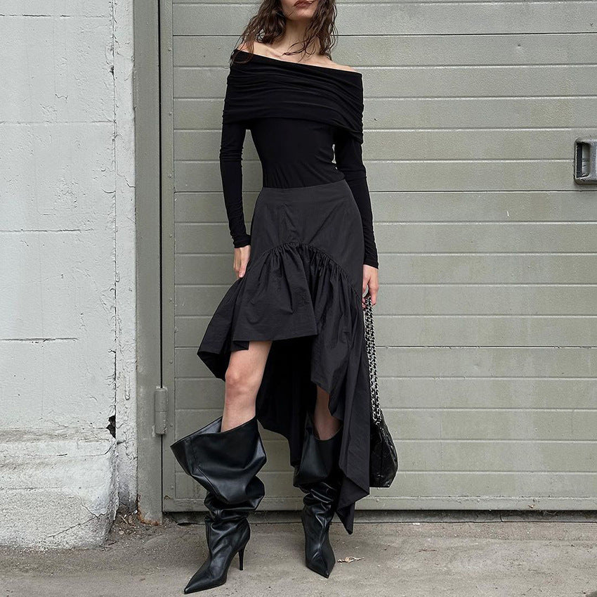 Herbst-Design High-Waist-Rock mit offenem Bein, Rüschen und unregelmäßigem asymmetrischem Schnitt aus Baumwolle für Damen