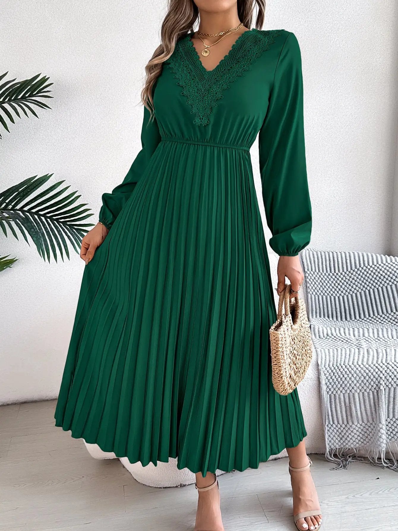 Spring Summer Elegant V neck Lace Cinched Pleated Maxi Dress Women Clothing by Wanita Store