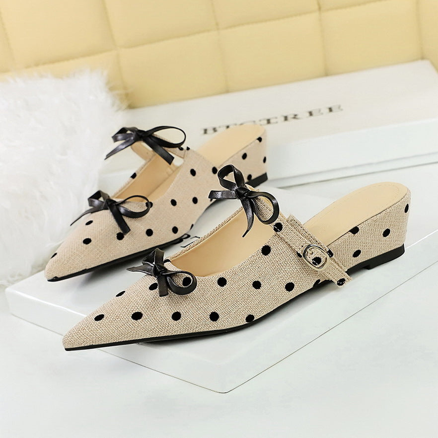 Minority Bow Toe Cap Slipper Polka Dot Wedge Comfortable All Match Slip on Women Shoes Outdoor Slippers