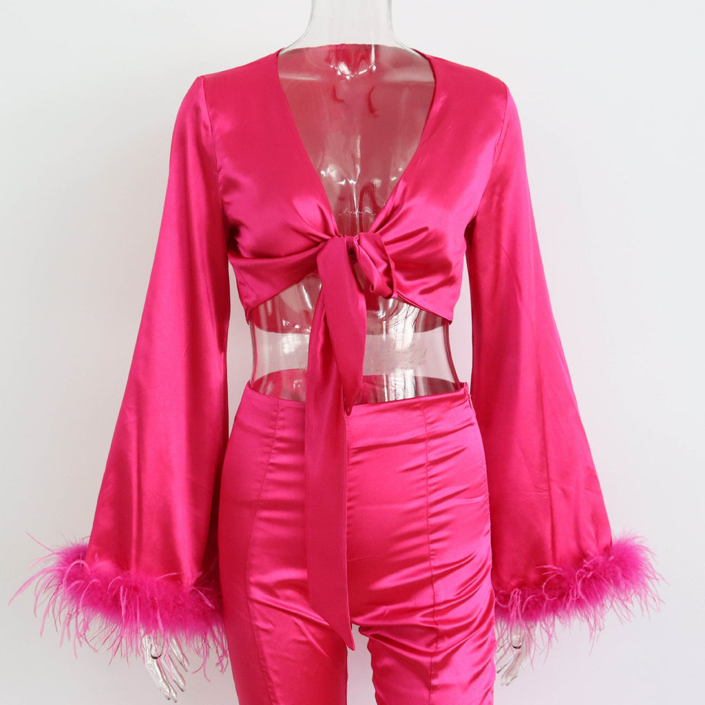 Satin-Set Feder V-Ausschnitt Patchwork Sexy Schnürung Kurzes Oberteil Hüftrock Schlitz Legere Hose