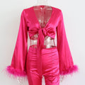 Satin-Set Feder V-Ausschnitt Patchwork Sexy Schnürung Kurzes Oberteil Hüftrock Schlitz Legere Hose