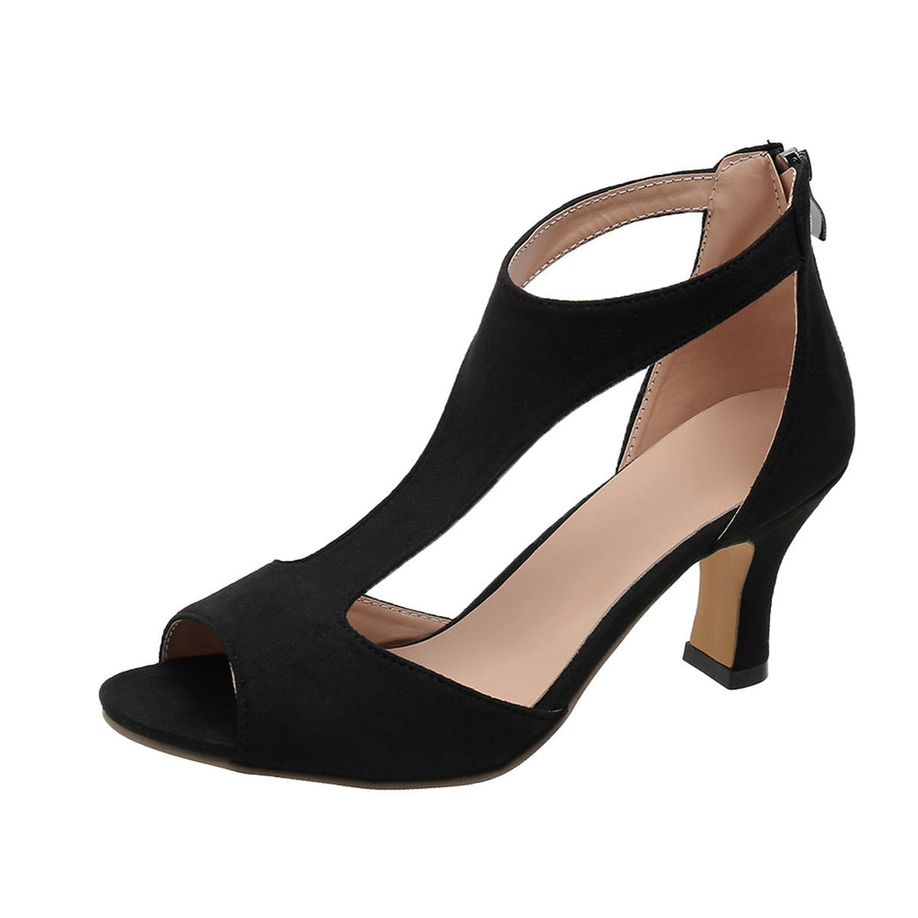Chunky-Heel-Wildleder-Fischmaul-Sandalen Damen Ein-Wort-Taschenabsatz Offene-Zehen-Römersandalen