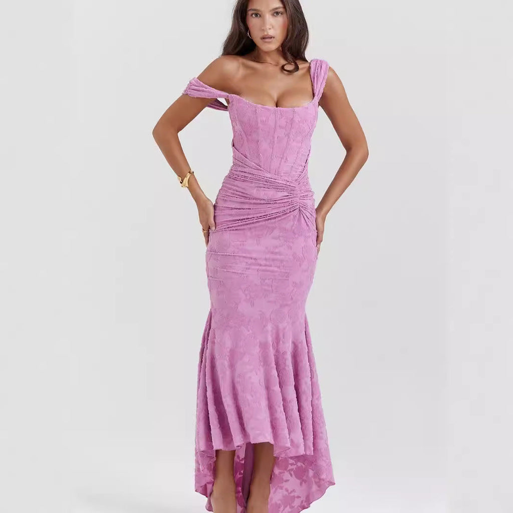 Herbst Quadratischer Kragen Elastisches Netz Jacquard Plissiert Ärmelloses Fischschwanz Cami-Kleid