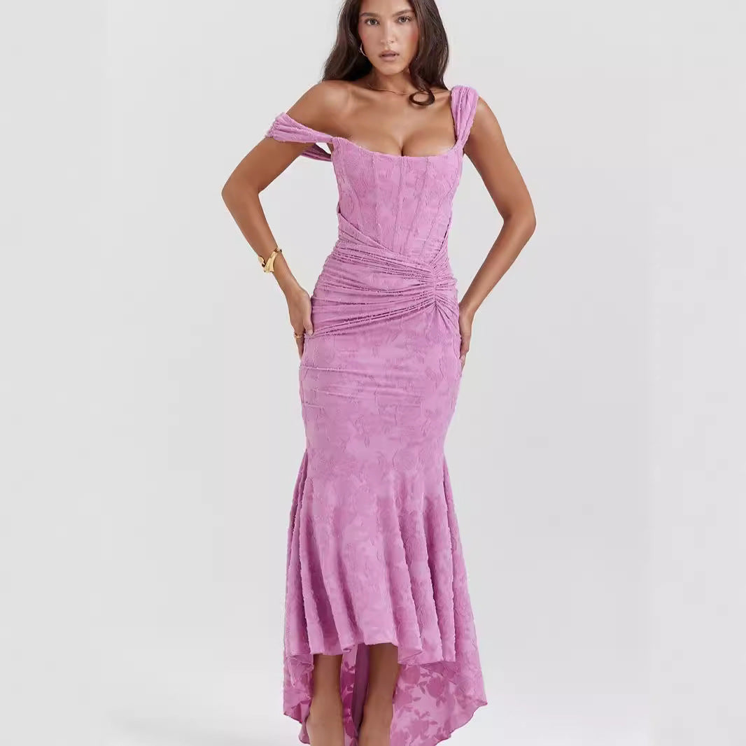 Herbst Quadratischer Kragen Elastisches Netz Jacquard Plissiert Ärmelloses Fischschwanz Cami-Kleid