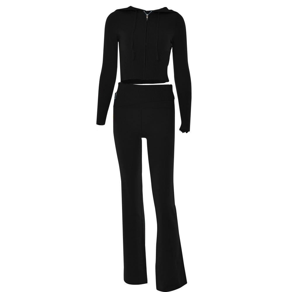 Gestrickter Kapuzen-Zweiteiler für Damen, sexy, hohe Taille, langärmelig, mit Hose