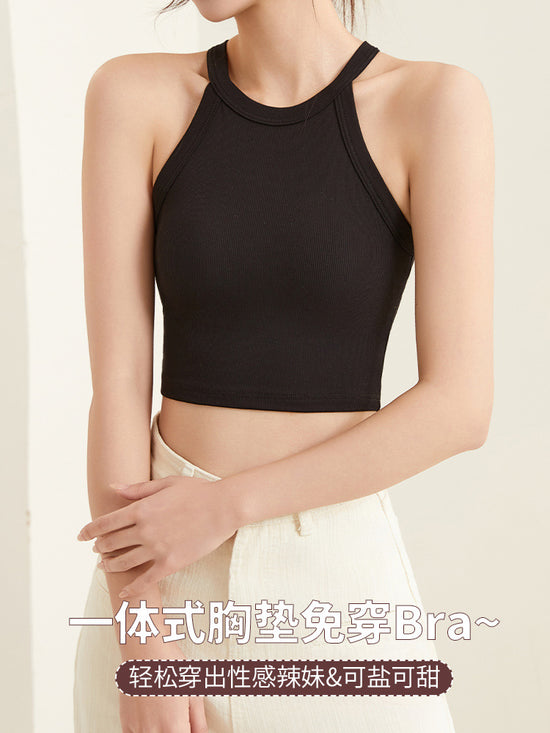 Damen-Sommer-Sling mit Brustpolster, schöner Rücken, Unterwäsche, ausgefallenes Hals-Tanktop, kurzes bauchfreies Top, trägerloses Unterwäsche-Westen-Oberteil