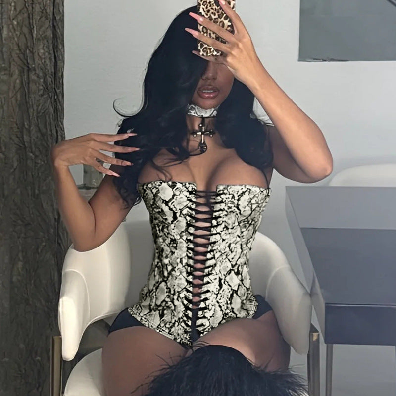 Sexy Damenbekleidung Leder Tiermuster Taillenformendes Schnür-Tube-Top Tailleneng anpassbares Westen-Top Sommer