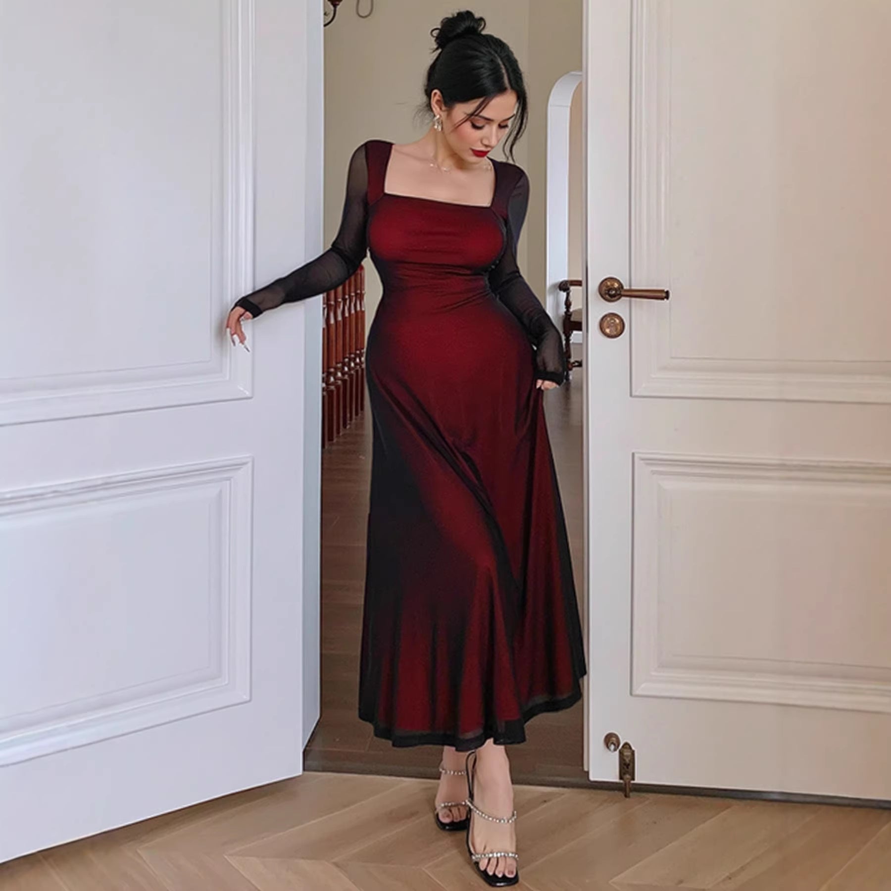 Women Sexy Mesh Sleeve Square Collar Sexy Slim Fit Slimming Dress