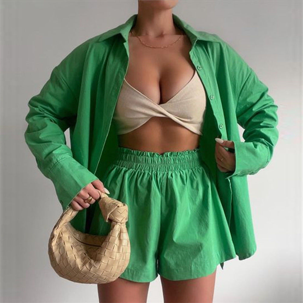 Frühling Sommer Zweiteiler Einfarbig Einreihig Langarm Hemd mit Kragen Shorts Locker Lässiges Set