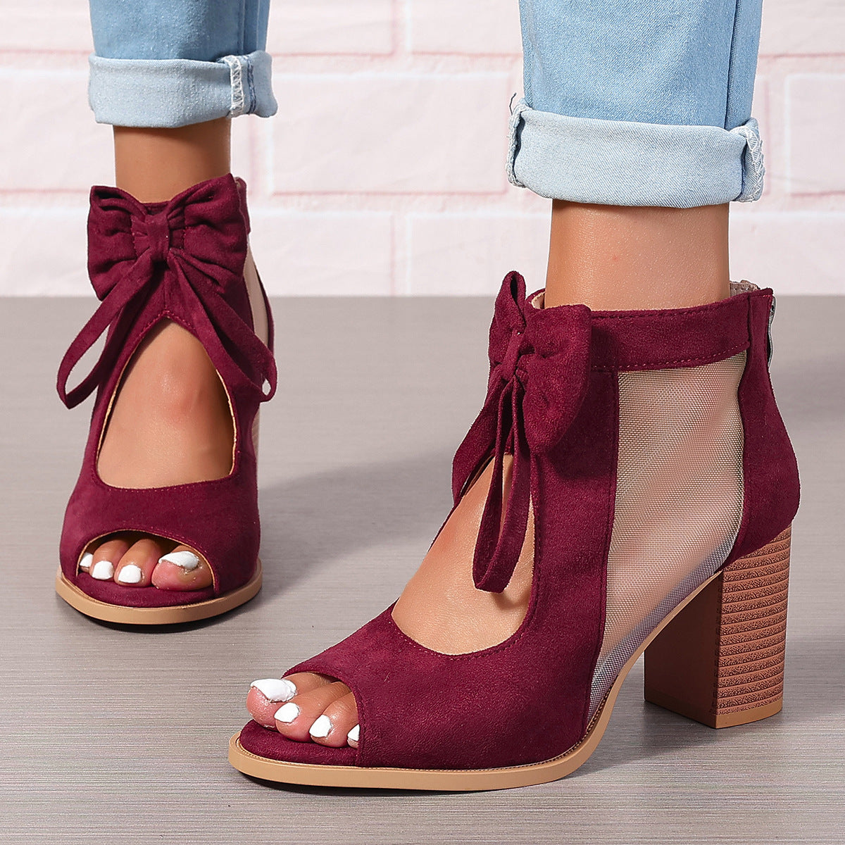 Womens Chunky Heel Sandals with Bow Suede High Heels Hollow Sandals