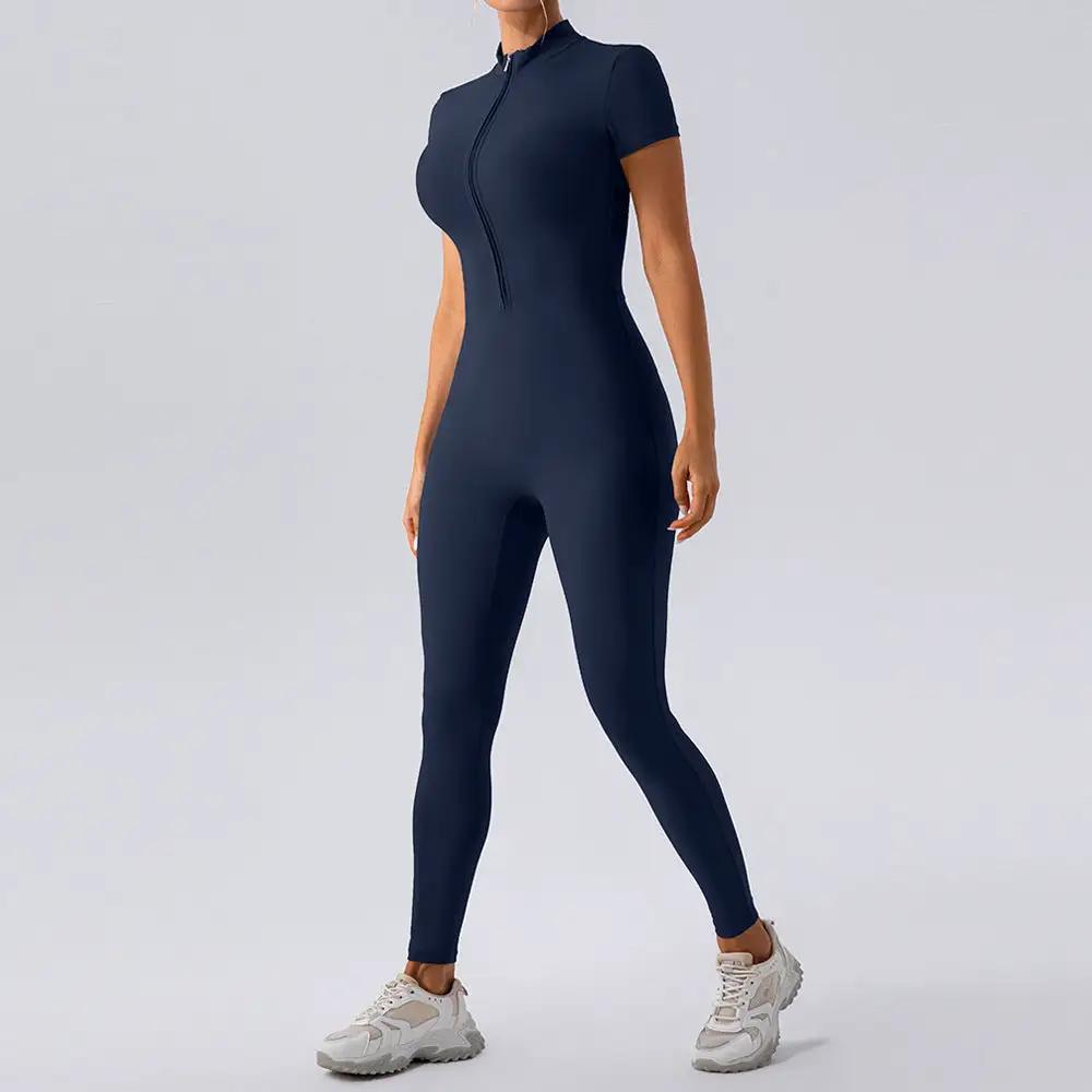 Zipper Short Sleeve Nude Feel Yoga Jumpsuit Women Outer Wear Workout Exercise Pants One Piece Tights by Wanita Store