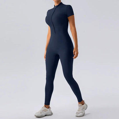 Zipper Short Sleeve Nude Feel Yoga Jumpsuit Women Outer Wear Workout Exercise Pants One Piece Tights by Wanita Store