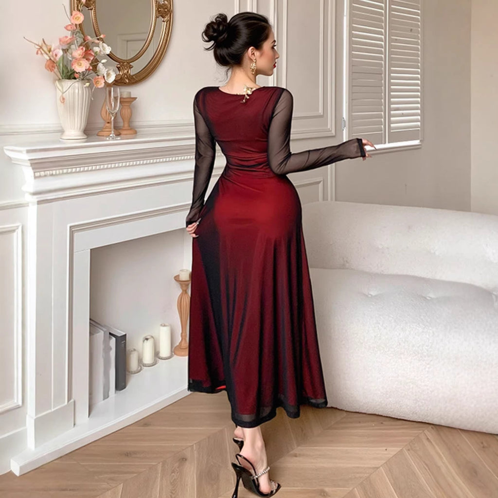 Women Sexy Mesh Sleeve Square Collar Sexy Slim Fit Slimming Dress