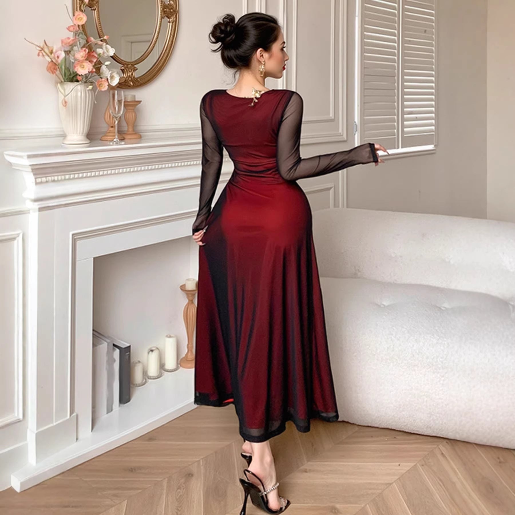 Women Sexy Mesh Sleeve Square Collar Sexy Slim Fit Slimming Dress