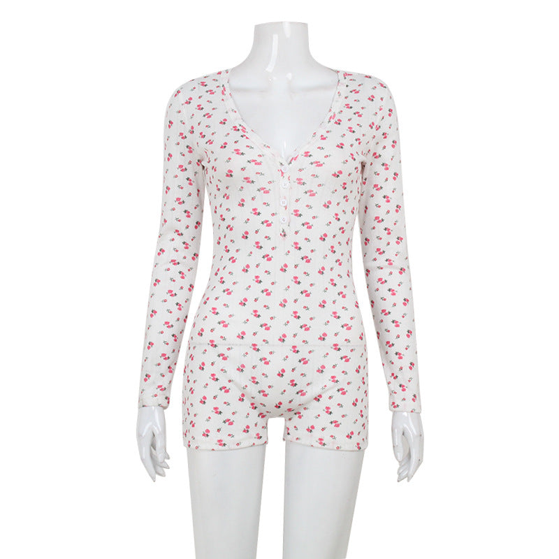 Floral Print Long Sleeved Jumpsuit V neck Sexy Slim Home Romper Women