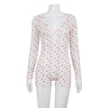 Floral Print Long Sleeved Jumpsuit V neck Sexy Slim Home Romper Women
