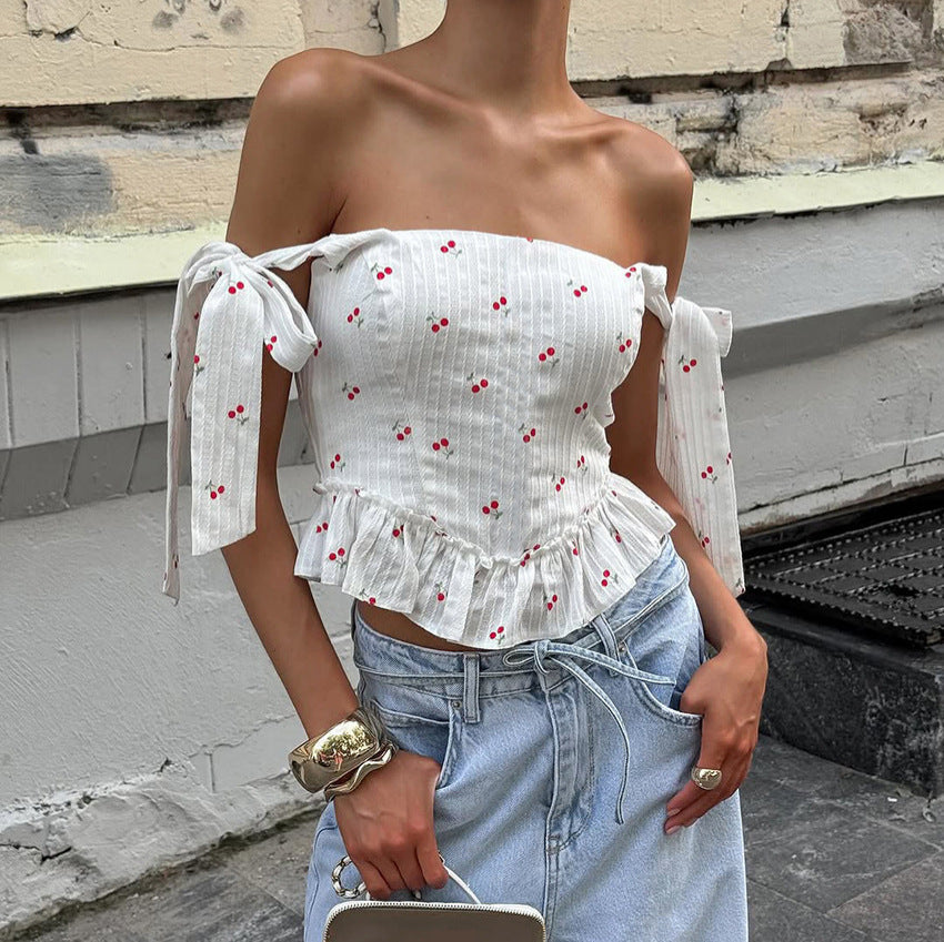 Summer Sexy Lace Bow Jacquard Fabric Waist Trimming Printing Cherry Vest Women