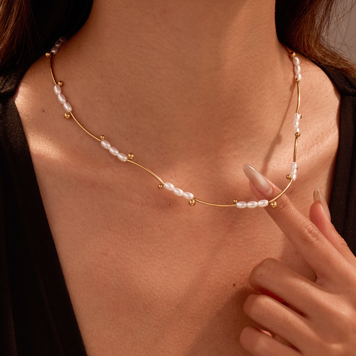 French Hepburn Advanced Baroque Imitation Pearl Necklace Batch Floral Tube Spacer Beads 18K Real Gold Stainless Steel Clavicle Chain