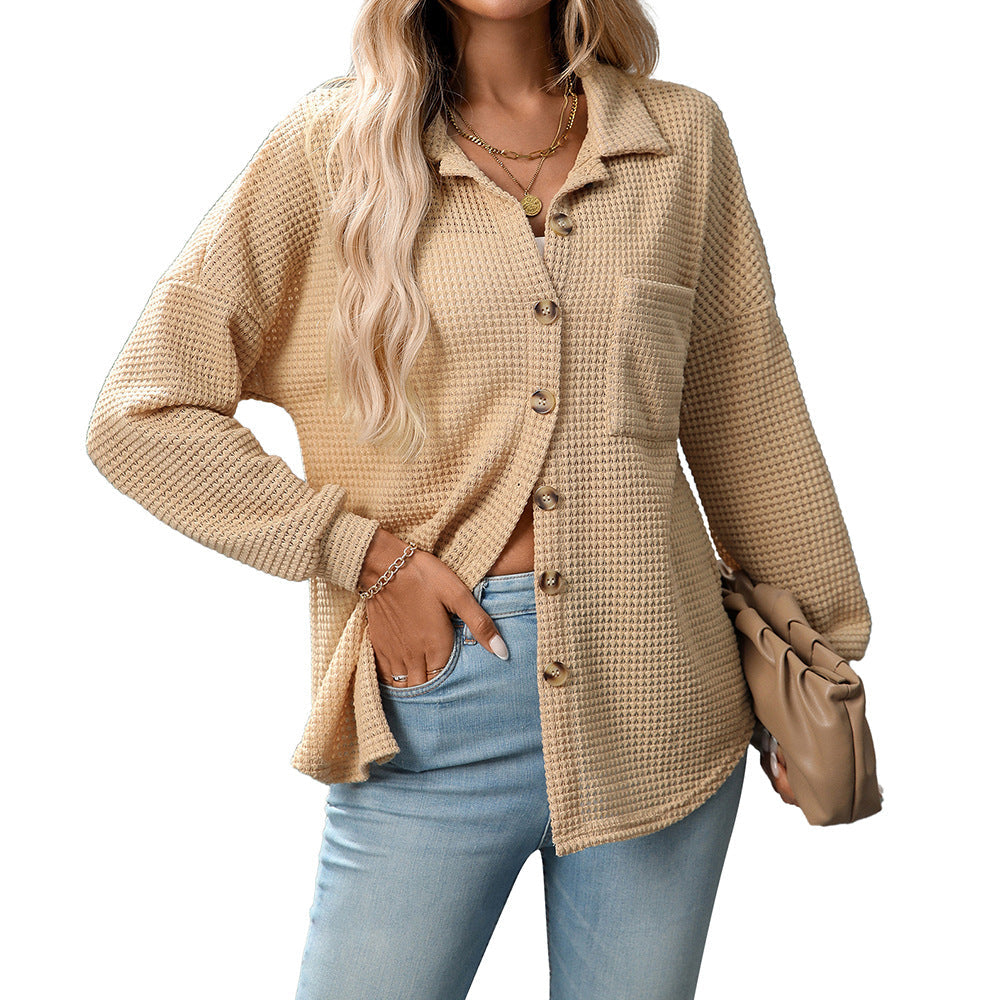 Damen Herbst Winter Lockeres Waffel-Freizeitshirt Vielseitig Kombinierbar