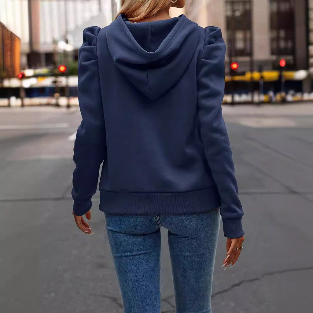 Herbst Winter Polokragen Kapuzenpullover Einfarbig Langarm Lässig Damen Oberteil Sweatshirt