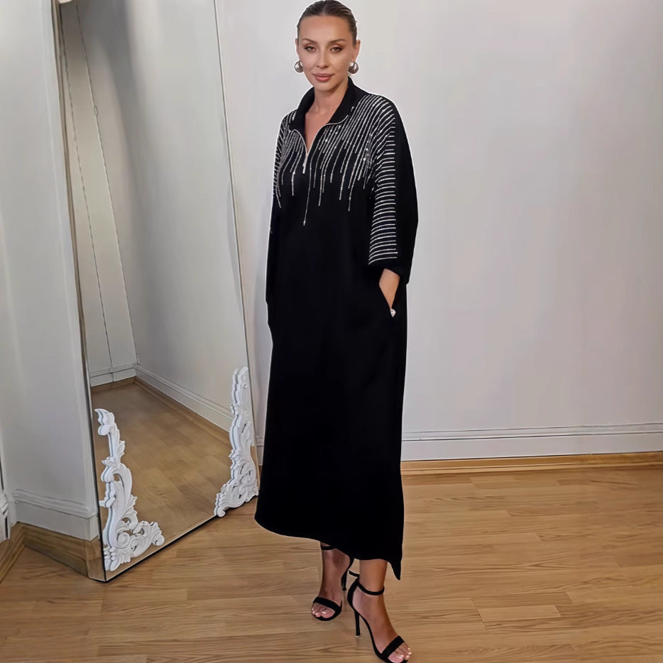 Herbst Bedrucktes Langes Locker Geschnittenes Damenkleid mit langen Ärmeln