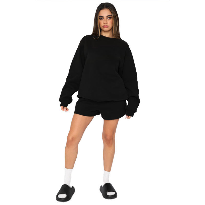 Baumwolle Herbst Winter Einfarbig Rundhals Pullover Langarm Sweater Damen Lässiges Shorts Set