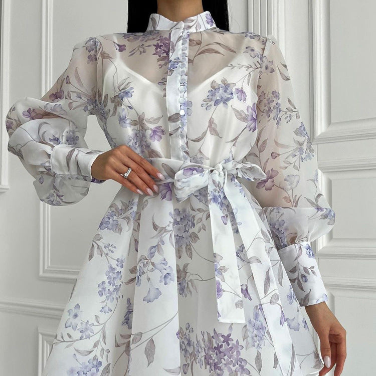 Women Elegant Stand Collar Long Sleeve Lace Printing A line Cami Dress