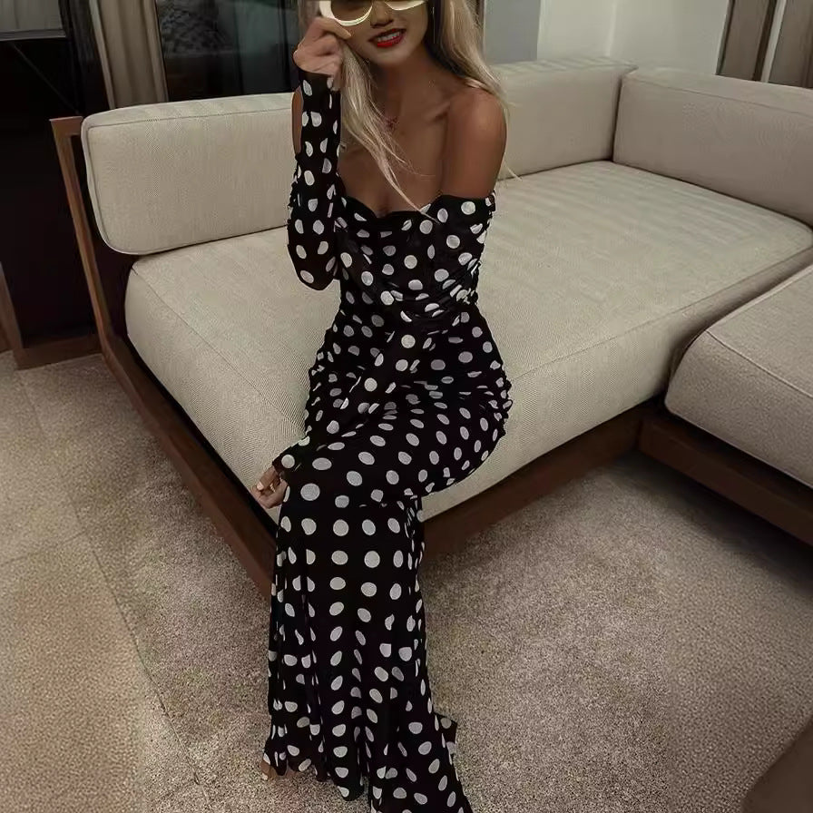 Frühling Sommer Gaze Polka Dot Nähte Off Shoulder Sexy Enges Kleid für Frauen